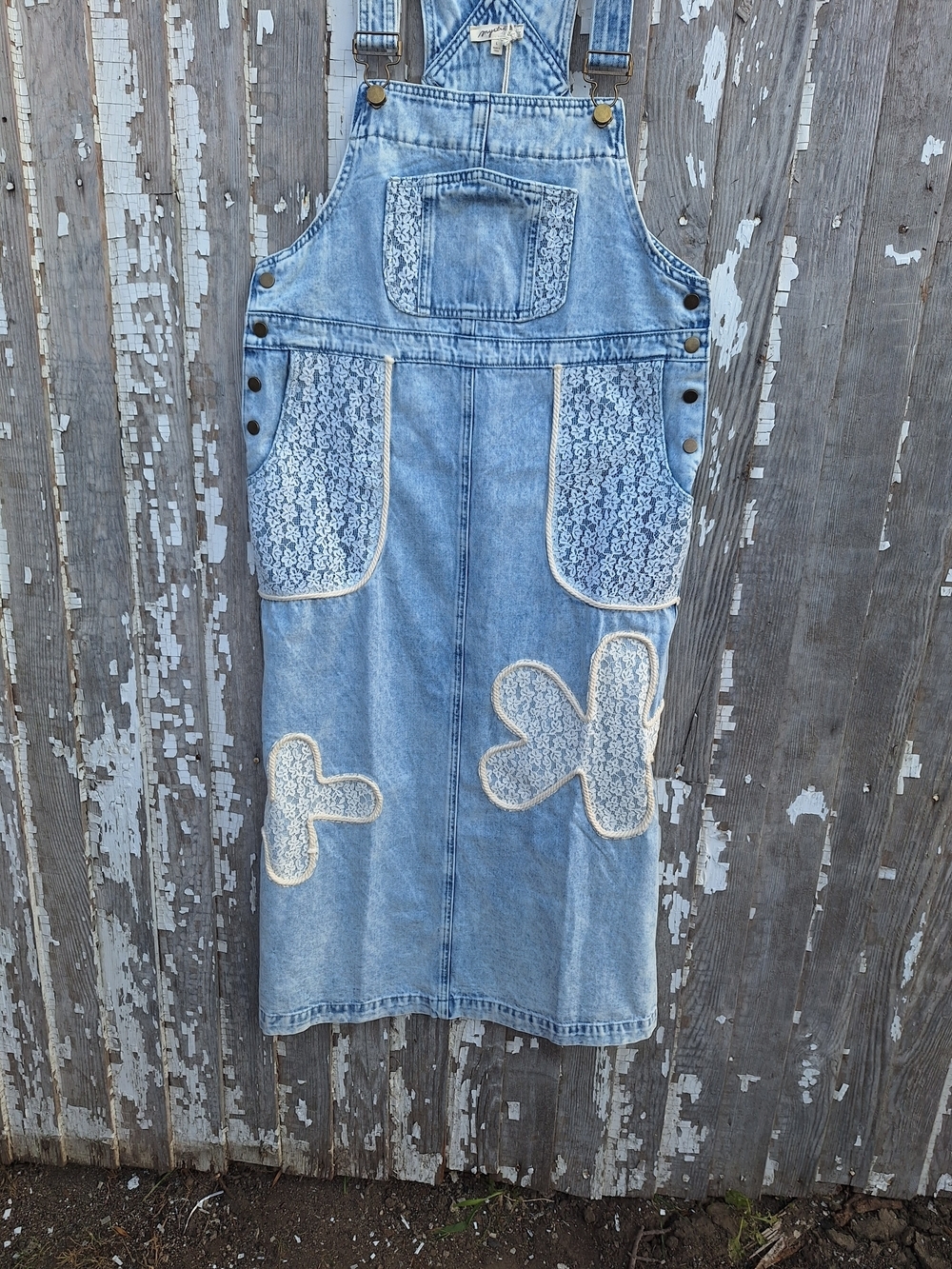 easel Light Blue Denim Lace-Appliqué Overall Dress Size Large - Picture 4 of 8
